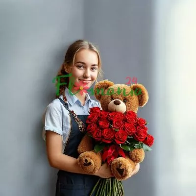 Букет из 21 розы и мишка (в ассортименте) 